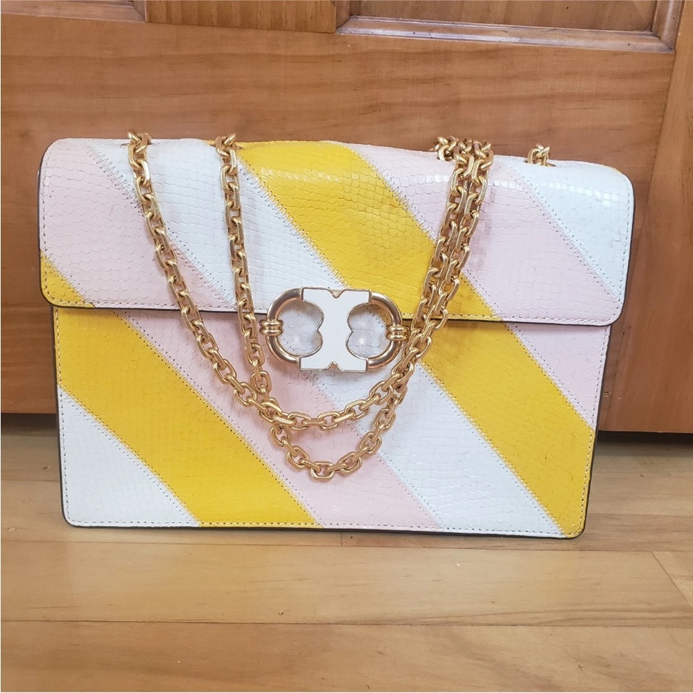 Tory Burch Yellow, Pink & White Diagonal Stripe Shoulder Bag with Gold Chain